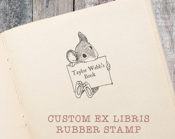 Cute Mouse Ex Libris Stamp, Childrens Book Stamp, gift for teacher by Blossom Stamps
