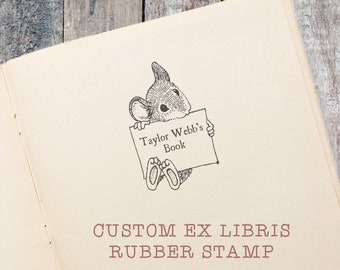 Cute Mouse Ex Libris Stamp, Childrens Book Stamp, gift for teacher by Blossom Stamps