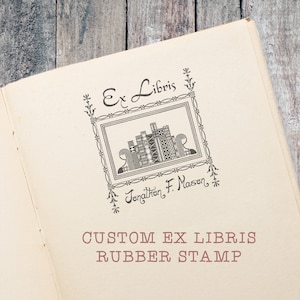 Vintage Book Shelf Ex Libris Book Stamp, Custom Victorian Library Stamp - Handmade by Blossom Stamps