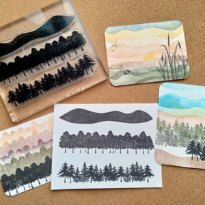 Jeu de tampons photopolymère arbres et montagnes, tampons en caoutchouc forêt et chaîne de montagnes, art du paysage bricolage, options non montés ou montés sur bois