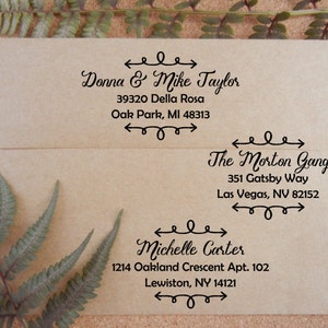 Whimsical Custom Address Rubber Stamp with Curly Arrows, Return Address stamp for wedding invitations, family or business addresses