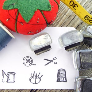 Sewing Theme Rubber Stamp Set Mini 16mm, 5/8" thread, thimble, button, scissors, pincushion rubber stamps  - Handmade by Blossom Stamps
