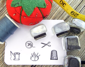 Tiny Sewing Rubber Stamp Set of 5 - thread, thimble, button, scissors, pincushion sewing tag stamps. gift for sewer by BlossomStamps
