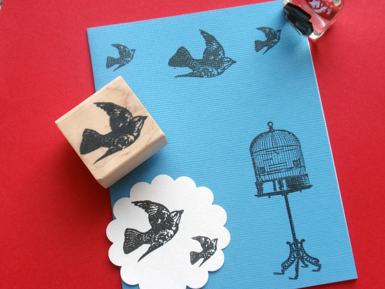 May include: A blue card with a white scalloped circle on it. The circle has a black bird design on it. The card also has a black bird design in the top right corner and a black birdcage design in the bottom right corner.
