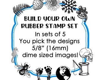 Tiny 16mm Rubber Stamps, Build Your Own Stamp Sets of 5, Over 130 choices by Blossom Stamps