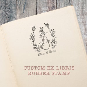 Custom Peter Rabbit Ex Libris Stamp, Beatrix Potter Art book stamp, baby shower gift  by Blossom Stamps