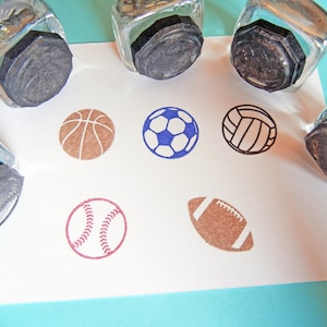 Tiny Sports Balls Rubber Stamp Set 16mm, Football, Baseball, Soccer, Volleyball, Basketball Set of 5 Handmade by Blossom Stamps image 1