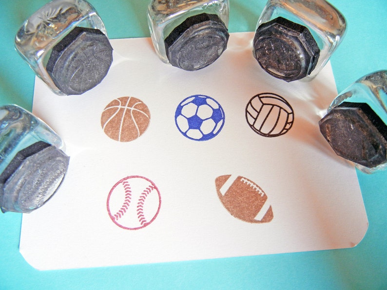 Tiny Sports Balls Rubber Stamp Set 16mm, Football, Baseball, Soccer, Volleyball, Basketball Set of 5 Handmade by Blossom Stamps image 1