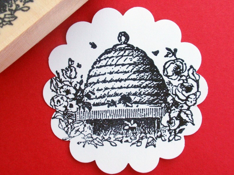 New Bee Hive Rubber Stamp, Antique Bee Skep Stamp, Round Honey Label Stamp, gift for beekeeper by Blossom Stamps image 5