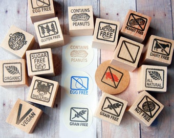 Food Allergy Diet Rubber Stamps / Gluten Free, Peanut Free,Vegan 15 choices/ Food Labels, Escort Cards - Handmade by BlossomStamps