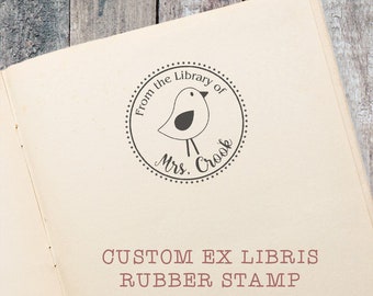 Cute Bird Ex Libris Rubber Stamp, Custom Round Book Stamp, Gift for Teacher by Blossom Stamps