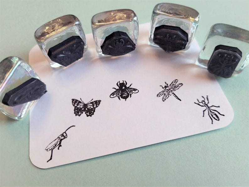 Tiny Insect Bug Rubber Stamps Set 16mm bee, butterfly, grasshopper, ant and dragonfly buy 4, 1 free pricing Handmade by Blossom Stamps image 1