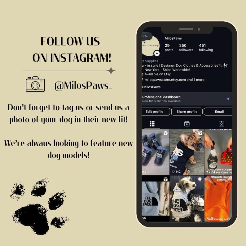 K&ouml;nnte beinhalten: Ein Smartphone-Bildschirm zeigt das Instagram-Profil von MilosPaws, einem Designer von Hundebekleidung und -accessoires. Das Profil enth&auml;lt ein Kamera-Symbol, Pfotenabdr&uuml;cke und Text, der die Benutzer auffordert, die Marke zu markieren.