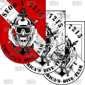 May include: A graphic design featuring a diver's helmet, anchor, and spear, with the text "SFOD-A 7215" and "America's Dive Team." The design is primarily red, white, and black, with a distressed, vintage aesthetic.