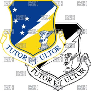 Peut inclure: Un bouclier jaune et bleu avec un éclair et un chevalier ailé. Le bouclier a un rouleau blanc avec le texte "Tutor Et Ultor" dessus. Le bouclier est sur un fond blanc.