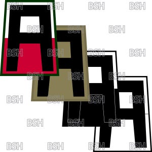 Puede incluir: Una letra A negra con un fondo rojo y blanco dentro de un borde verde. La letra A se repite en tres tamaños más pequeños, siendo el más grande de color caqui y los dos más pequeños de color negro.