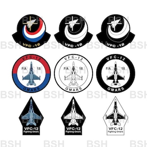 May include: A collection of nine VFC-12 Fighting Omars squadron patches featuring F/A-18 fighter jet illustrations. The designs include circular and shield-shaped emblems in color, black and white, and outline variations with text.