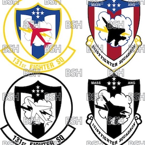 May include: A black and white emblem with a shield shape and a red, white, and blue version of the same emblem. The shield features a stylized jet aircraft flying through a cloud with lightning bolts. The text "131st Fighter Squadron" is displayed on the emblem.