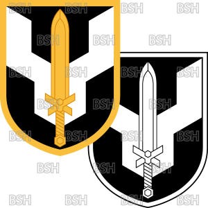 May include: Two shield-shaped emblems. One features a gold sword on a black and white background with a gold border. The other is a black and white version of the same design. The text "BSH" is repeated around the edges of the shields.