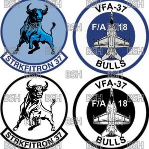 May include: Two versions of a round patch with a black and white bull and the text "STRKFITRON 37" in a blue circle. The other version has a blue bull and the text "VFA-37 BULLS" in a blue circle with a white F/A-18 jet in the center.