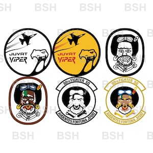 May include: Six circular and oval embroidered patches featuring military-themed designs. Two patches show a jet and a snake with the text JUVAT VIPER. Four patches depict a stylised head with facial markings, including two with the text 80TH FIGHTER SQ AUDENTES FORTUNA JUVAT.