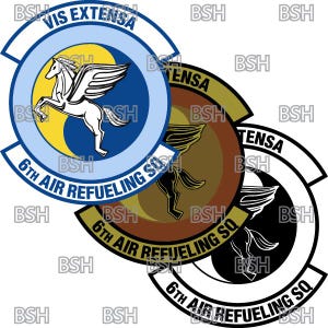 May include: Three circular patches featuring a winged horse design. The top patch is blue, yellow, and white, with the text "VIS EXTENSA" and "6th AIR REFUELING SQ". The other two patches are brown and black, with the text "TENSA" and "6th AIR REFUELING SQ".