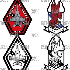 May include: Two versions of a squadron patch for the VFA-22 Fighting Redcocks. The top patch features a red bird with a white star on its chest, while the bottom patch features a white bird with a black star on its chest. Both patches feature the squadron's name and number.
