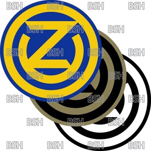 May include: A yellow and blue circle with a stylized letter Z in the center. The circle is surrounded by three concentric circles in black, brown, and white.