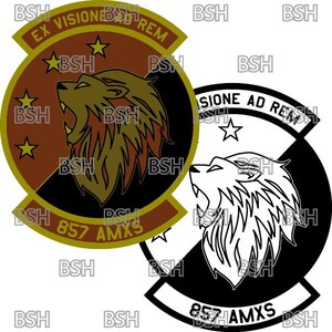 May include: Two versions of a military unit patch. The first patch is brown, black, and gold with a lion's head and the text "EX VISIONE AD REM" and "857 AMXS". The second patch is black and white with a lion's head and the text "SIONE AD REM" and "857HAMXS".
