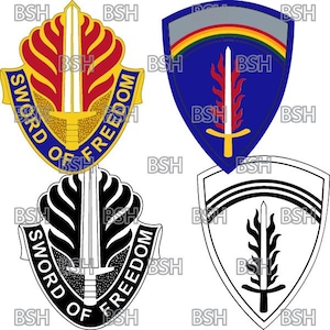 May include: Four different versions of a military unit patch. The patch features a sword with a flame design and the words "Sword of Freedom". The patches are in different colors, including blue, red, black, and white.
