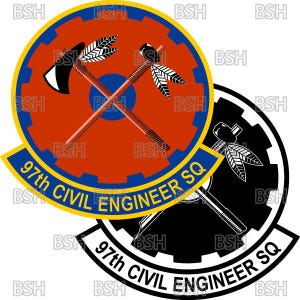 May include: Two emblems featuring a crossed tomahawk and a hammer with a feather design. The top emblem is a red circle with a blue center and a yellow banner that reads "97th CIVIL ENGINEER SQ". The bottom emblem is black and white.