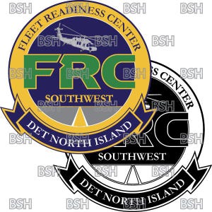 May include: A navy blue and yellow circular patch with the text "Fleet Readiness Center Southwest Det North Island" and the acronym "FRC" in green letters. A black and white version of the patch is shown below.