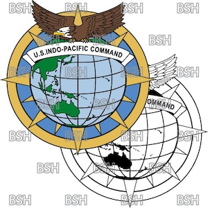 May include: A yellow compass with a blue globe in the center. The globe shows the continents of Asia, Australia, and parts of Africa. The compass points are marked with a star. The text "U.S. INDO-PACIFIC COMMAND" is written on a banner above the globe.