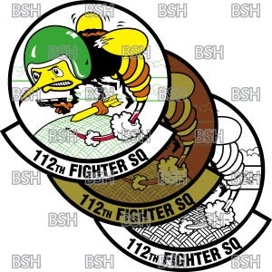 May include: A cartoon bee with yellow and orange stripes, wearing a green helmet, holding a gun, and flying over a green and white checkered background. The text "112th Fighter SQ" is written in black on a white banner.