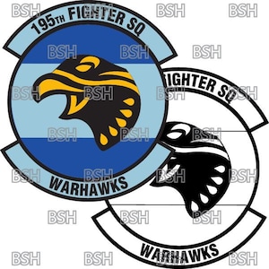 May include: A blue and white circular patch with the text "195th Fighter SQ" and "Warhawks" in a white circle. A black and yellow stylized hawk head is in the centre of the patch.