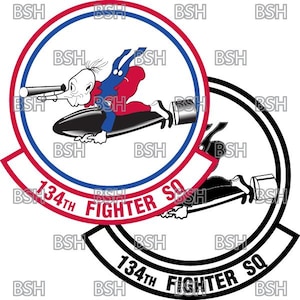 Puede incluir: Un emblema en blanco y negro con un círculo rojo y azul en su interior. El círculo presenta un personaje de dibujos animados montando una bomba con el texto "134th Fighter Sq" debajo.