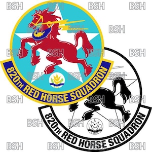 May include: A blue and yellow circle with a red horse and a white star. The text "820th Red Horse Squadron" is written around the circle. A black and white circle with a black horse and a white star. The text "820th Red Horse Squadron" is written around the circle.