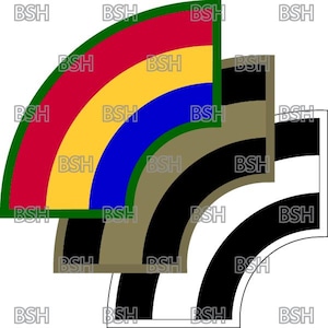 May include: A green, red, yellow, and blue curved patch with a black and white curved patch underneath. The patch is a military insignia.