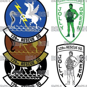 May include: A set of four patches featuring the 129th Rescue Squadron emblem. The emblem features a seahorse, a winged horse, and the words "129th Rescue Squadron". The patches are in different colors, including blue, brown, and black.