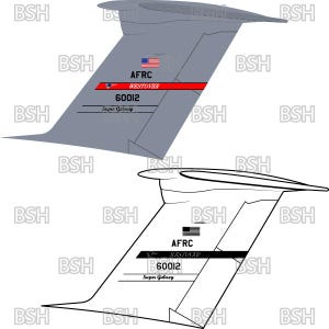 May include: A gray illustration of an aircraft tail fin, featuring the text "AFRC WESTOVER 60012 Super Galaxy" and a small American flag. A red stripe accents the design. The second image is a black and white outline of the same design.