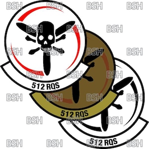 May include: A white circle with a red ring around it, featuring a black skull with wings and the text "512 RQS". The circle is layered over a brown circle with a similar design and the same text. The brown circle is layered over a white circle with a black skull and wings and the text "512 RQS".