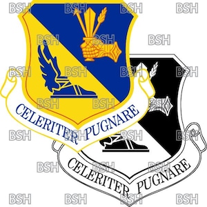 May include: A black and white shield with a white ribbon that reads "Celeriter Pugnare". The shield is divided into two sections, one black and one white. The black section has a stylised sword and a sprig of wheat. The white section has a stylised winged sandal. The shield is surrounded by a yellow border.