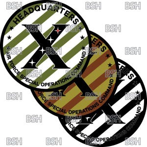 May include: Three overlapping circular patches with black and white stripes, green and white stripes, and brown and white stripes. Each patch has the text "HEADQUARTERS AIR FORCE SPECIAL OPERATIONS COMMAND" around the edge. The center of each patch has a large black letter "X".