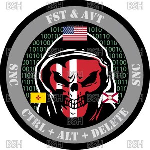 May include: A round black patch with a skull design in red and white, wearing a hood. The patch includes the text "FST & AVT" and "CTRL + ALT + DELETE". Flags of the USA, New Mexico, and Florida are also present.