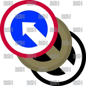 May include: A red, white, and blue circular road sign with a white arrow pointing to the right inside a blue circle. The sign is layered on top of two other circular signs, one black and one brown.