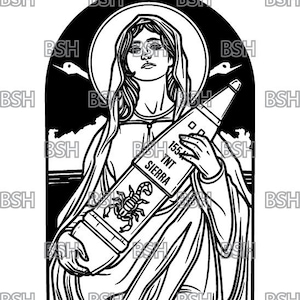 Peut inclure: Illustration en noir et blanc d'une femme tenant un grand objet cylindrique avec le texte "1554 TNT SIERRA" imprimé dessus. Un scorpion est représenté sur l'objet.