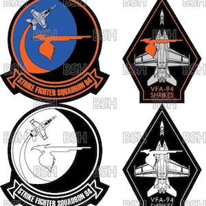 Może przedstawiać: Cztery naszywki wojskowe z motywami myśliwców i emblematami eskadr. Dwie naszywki są okrągłe, jedna z odrzutowcem i napisem "STRIKE FIGHTER SQUADRON 84". Pozostałe dwie mają kształt rombu z napisem "VFA-94 SHRIKES".