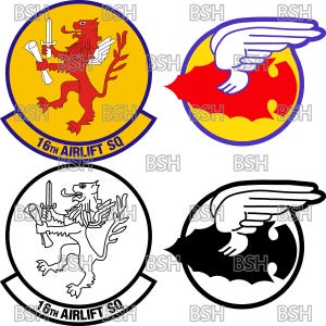 May include: A black and white illustration of a lion holding a sword and a scroll. The lion is standing on a yellow circle with a blue border. The text "16th AIRLIFT SQ" is written on the circle. The image is a military insignia.