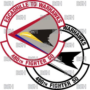 May include: A white and red circular patch with the text "Escadrille To Warhawks 480th Fighter Sq" and a black and yellow bird design. A black and white circular patch with the text "Warhawks 480th Fighter Sq" and a black bird design.