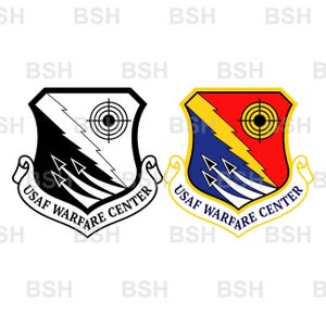 May include: Two shield-shaped emblems of the USAF Warfare Center. One is black and white, the other is red, blue, and yellow. Both feature a target symbol, a lightning bolt, and three upward-pointing arrows, with the text USAF WARFARE CENTER.